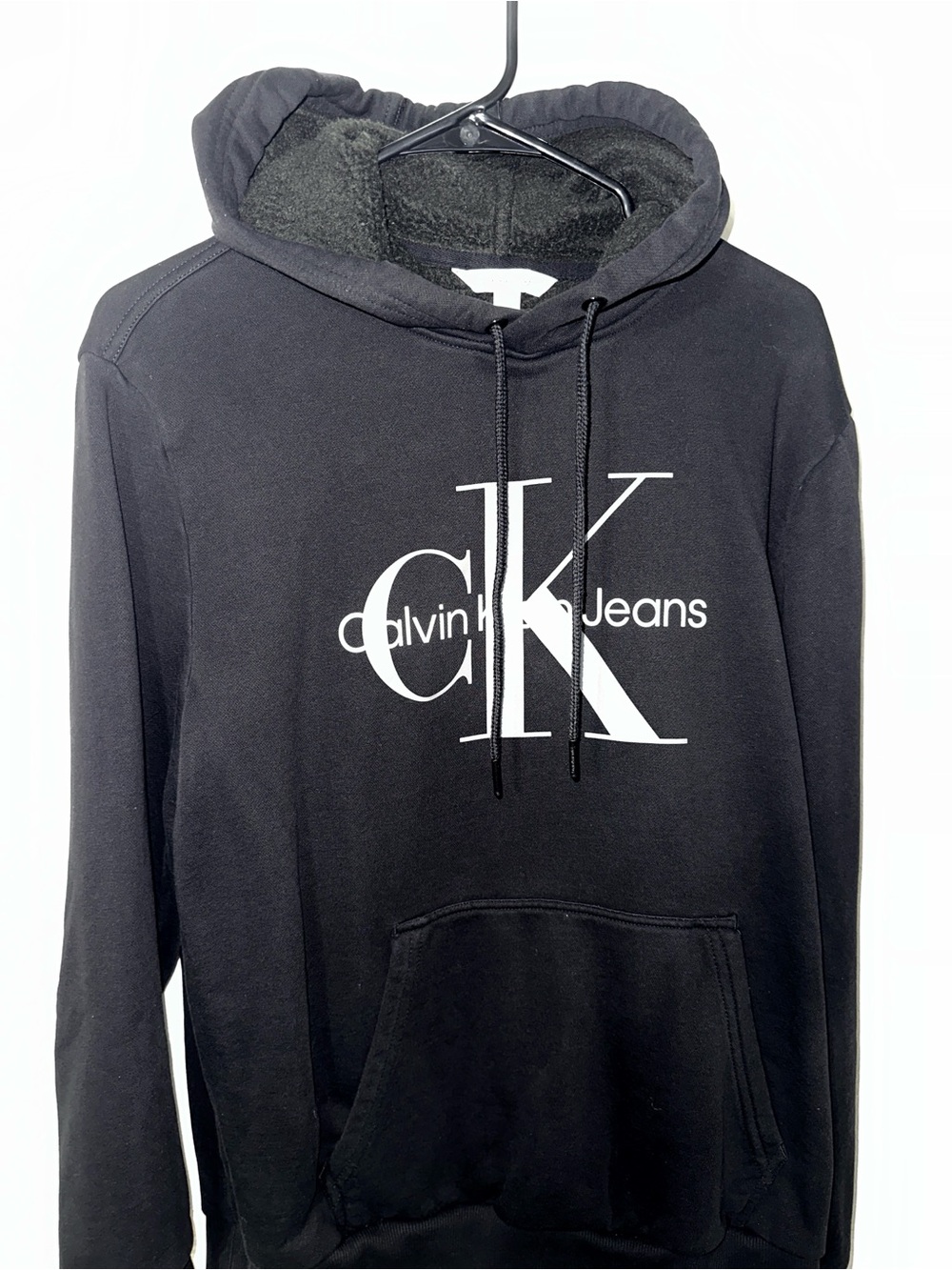 Calvin Klein Jeans Black Logo Hoodie Men’s Large Fleece Pullover Sweatshirt